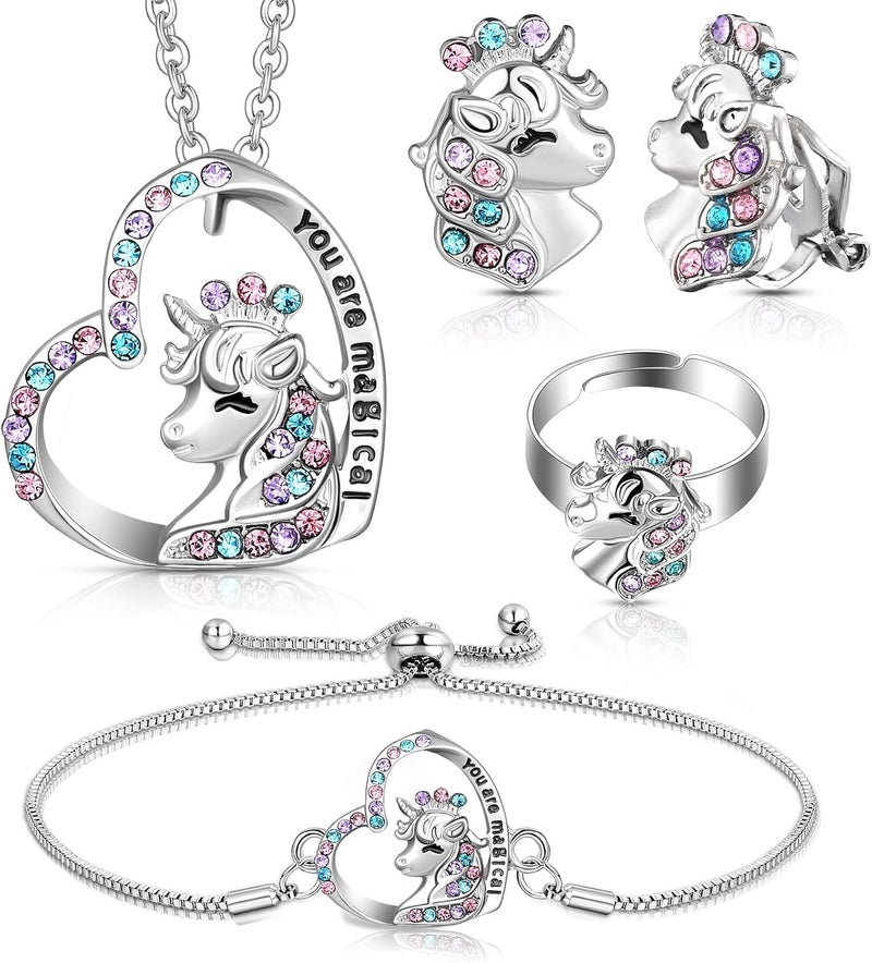 Herdear 4 Pcs Girl Unicorn Axolotl Jewelry Set Bracelet Ring Stud Earring Crystal Pendant Jewelry for Christmas Toddler Gifts - Image 1